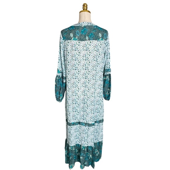Retro Bohemian Green and White Floral Flowy Beach Vacation Maxi Dress Size XL - Picture 8 of 10